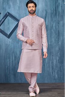 Picture of Enticing Light Onion Colored Designer Readymade Kurta, Payjama, and Jacket Set for Wedding or Festive