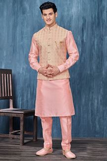 Picture of Artistic Pink and Cream Colored Designer Readymade Kurta, Payjama, and Jacket Set for Wedding or Festive