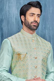 Picture of Delightful Blue and Cream Colored Designer Readymade Kurta, Payjama, and Jacket Set for Wedding or Festive