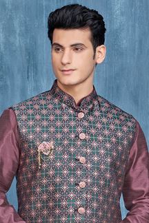 Picture of Impressive Wine and Rama Green Colored Designer Readymade Kurta, Payjama, and Jacket Set for Wedding or Festive