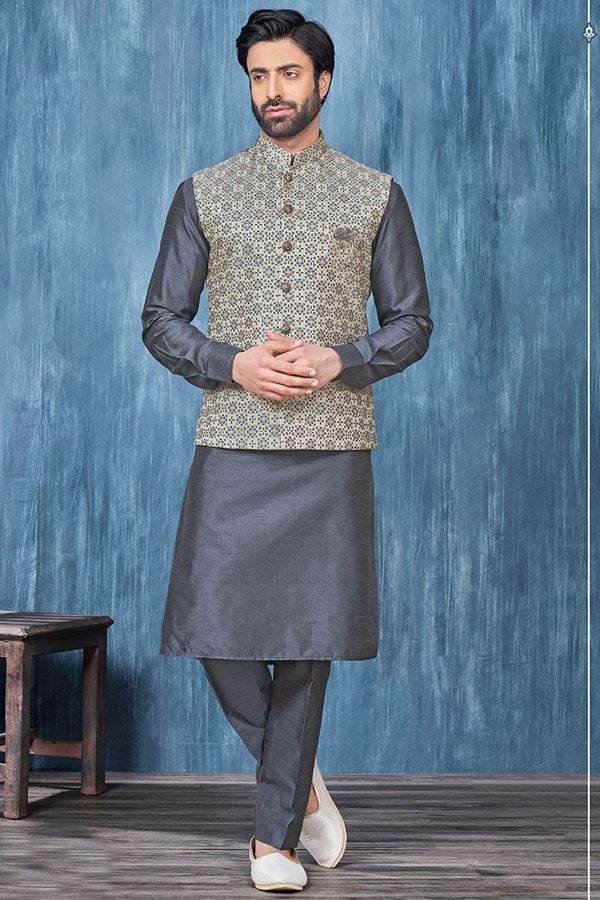 Picture of Awesome Dark Grey and Cream Colored Designer Readymade Kurta, Payjama, and Jacket Set for Wedding or Festive