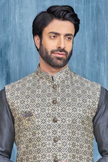 Picture of Awesome Dark Grey and Cream Colored Designer Readymade Kurta, Payjama, and Jacket Set for Wedding or Festive