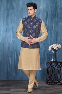 Picture of Amazing Chiku and Navy Blue Colored Designer Readymade Kurta, Payjama, and Jacket Set for Wedding or Festive