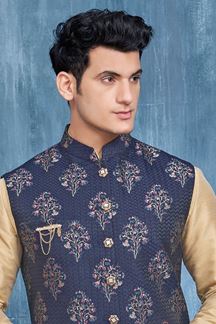 Picture of Amazing Chiku and Navy Blue Colored Designer Readymade Kurta, Payjama, and Jacket Set for Wedding or Festive