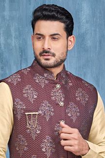 Picture of Vibrant Cream and Wine Colored Designer Readymade Kurta, Payjama, and Jacket Set for Wedding or Festive