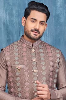 Picture of Captivating Coffee Colored Designer Readymade Men’s Wear Kurta and Jacket Set for Wedding, Engagement, or Festive
