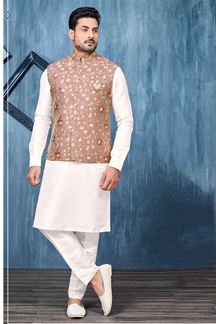 Picture of Royal White and Light Maroon Colored Designer Readymade Kurta, Payjama, and Jacket Set for Wedding or Festive