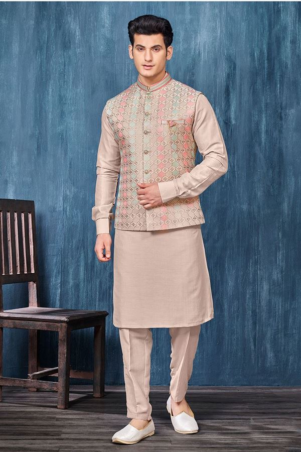 Picture of Attractive Light Beige Colored Designer Readymade Men’s Wear Kurta and Jacket Set for Wedding, Engagement, or Festive