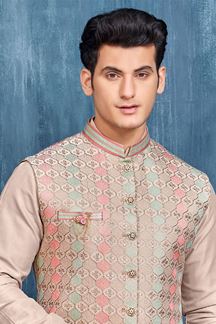 Picture of Attractive Light Beige Colored Designer Readymade Men’s Wear Kurta and Jacket Set for Wedding, Engagement, or Festive