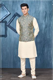 Picture of Splendid Cream and Blue Colored Designer Readymade Kurta, Payjama, and Jacket Set for Wedding or Festive