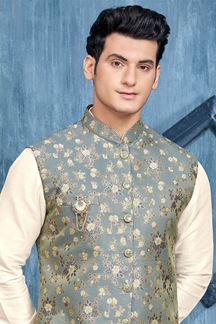 Picture of Splendid Cream and Blue Colored Designer Readymade Kurta, Payjama, and Jacket Set for Wedding or Festive