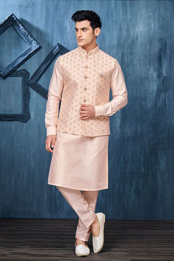 Picture of Charismatic Peach Colored Designer Readymade Men’s Wear Kurta and Jacket Set for Wedding, Engagement, or Festive