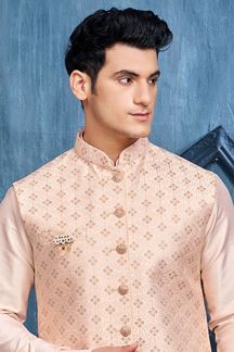 Picture of Charismatic Peach Colored Designer Readymade Men’s Wear Kurta and Jacket Set for Wedding, Engagement, or Festive