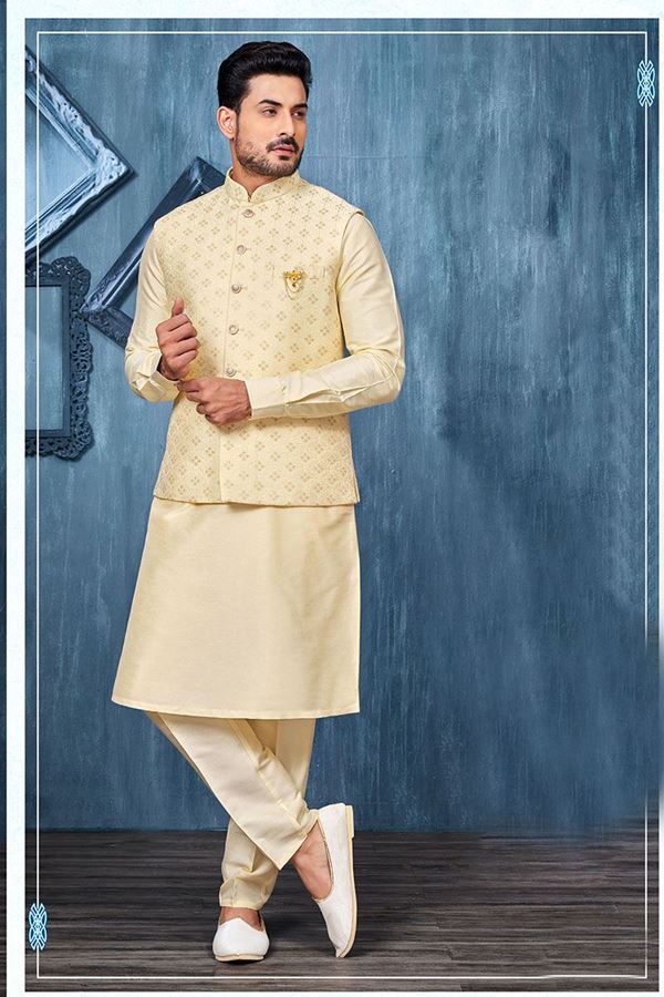Picture of Spectacular Yellow Colored Designer Readymade Men’s Wear Kurta and Jacket Set for Wedding, Engagement, or Festive