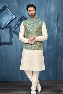 Picture of Spectacular Cream and Sea Green Colored Designer Readymade Kurta, Payjama, and Jacket Set for Wedding or Festive