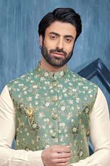 Picture of Spectacular Cream and Sea Green Colored Designer Readymade Kurta, Payjama, and Jacket Set for Wedding or Festive