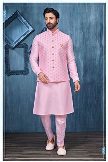 Picture of Splendid Pink Colored Designer Readymade Men’s Wear Kurta and Jacket Set for Wedding, Engagement, or Festive