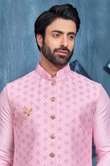 Picture of Splendid Pink Colored Designer Readymade Men’s Wear Kurta and Jacket Set for Wedding, Engagement, or Festive