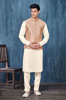 Picture of Charismatic Cream and Peach Colored Designer Readymade Kurta, Payjama, and Jacket Set for Wedding or Festive