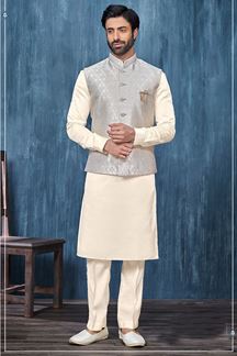 Picture of Captivating Cream and Light Grey Colored Designer Readymade Kurta, Payjama, and Jacket Set for Wedding or Festive