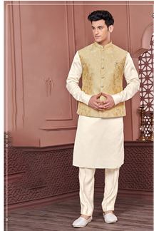 Picture of Exuberant Cream and Yellow Colored Designer Readymade Kurta, Payjama, and Jacket Set for Wedding or Festive