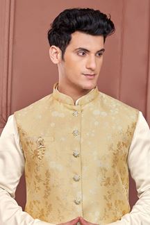 Picture of Exuberant Cream and Yellow Colored Designer Readymade Kurta, Payjama, and Jacket Set for Wedding or Festive