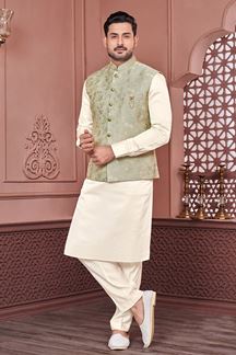 Picture of Fancy Cream and Green Colored Designer Readymade Kurta, Payjama, and Jacket Set for Wedding or Festive