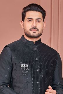 Picture of Vibrant Black Colored Designer Readymade Men’s Wear Kurta and Jacket Set for Wedding, Engagement, or Festive