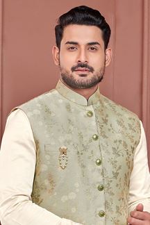 Picture of Fancy Cream and Green Colored Designer Readymade Kurta, Payjama, and Jacket Set for Wedding or Festive
