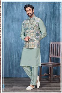 Picture of Amazing Green and Multi Colored Designer Readymade Men’s Wear Kurta and Jacket Set for Wedding, Engagement, or Festive