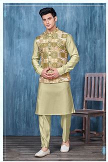 Picture of Awesome Pista Green and Multi Colored Designer Readymade Men’s Wear Kurta and Jacket Set for Wedding, Engagement, or Festive