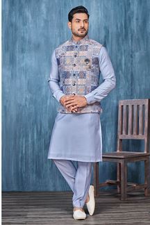 Picture of Impressive Blue and Multi Colored Designer Readymade Men’s Wear Kurta and Jacket Set for Wedding, Engagement, or Festive