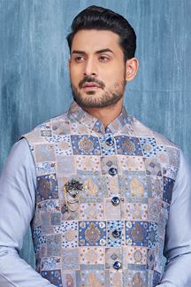 Picture of Impressive Blue and Multi Colored Designer Readymade Men’s Wear Kurta and Jacket Set for Wedding, Engagement, or Festive