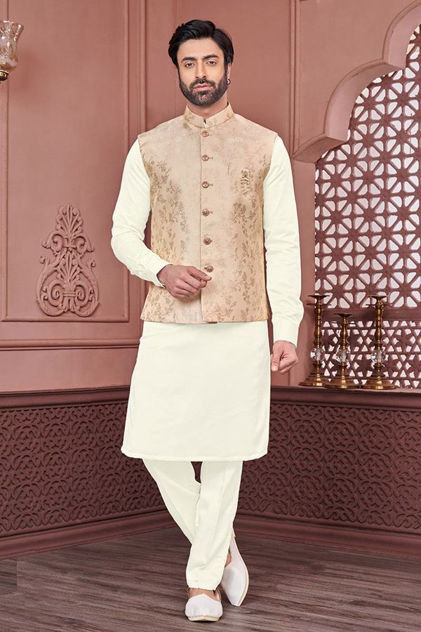 Picture of Marvelous Cream and Peach Colored Designer Readymade Kurta, Payjama, and Jacket Set for Wedding or Festive