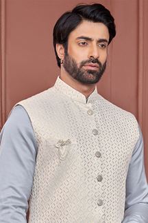Picture of Majestic Powder Blue and Cream Colored Designer Readymade Kurta, Payjama, and Jacket Set for Wedding or Festive