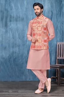 Picture of Delightful Peach and Multi Colored Designer Readymade Men’s Wear Kurta and Jacket Set for Wedding, Engagement, or Festive