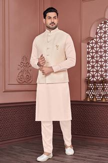 Picture of Attractive Peach and Cream Colored Designer Readymade Kurta, Payjama, and Jacket Set for Wedding or Festive