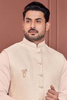 Picture of Attractive Peach and Cream Colored Designer Readymade Kurta, Payjama, and Jacket Set for Wedding or Festive