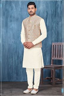 Picture of Impressive Cream and Multi Colored Designer Readymade Men’s Wear Kurta and Jacket Set for Wedding, Engagement, or Festive