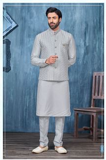 Picture of Enticing Grey Colored Designer Readymade Men’s Wear Kurta and Jacket Set for Wedding, Engagement, or Festive