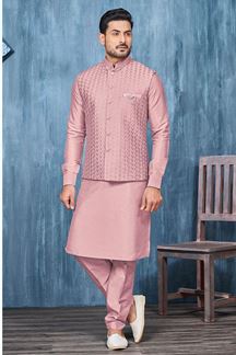 Picture of Aesthetic Dark Onion Colored Designer Readymade Men’s Wear Kurta and Jacket Set for Wedding, Engagement, or Festive