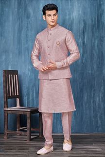 Picture of Exquisite Onion Colored Designer Readymade Men’s Wear Kurta and Jacket Set for Wedding, Engagement, or Festive