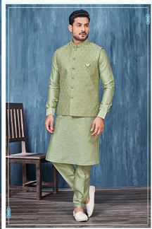 Picture of Charming Green Colored Designer Readymade Men’s Wear Kurta and Jacket Set for Wedding, Engagement, or Festive