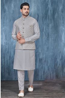 Picture of Classy Light Grey Colored Designer Readymade Men’s Wear Kurta and Jacket Set for Wedding, Engagement, or Festive