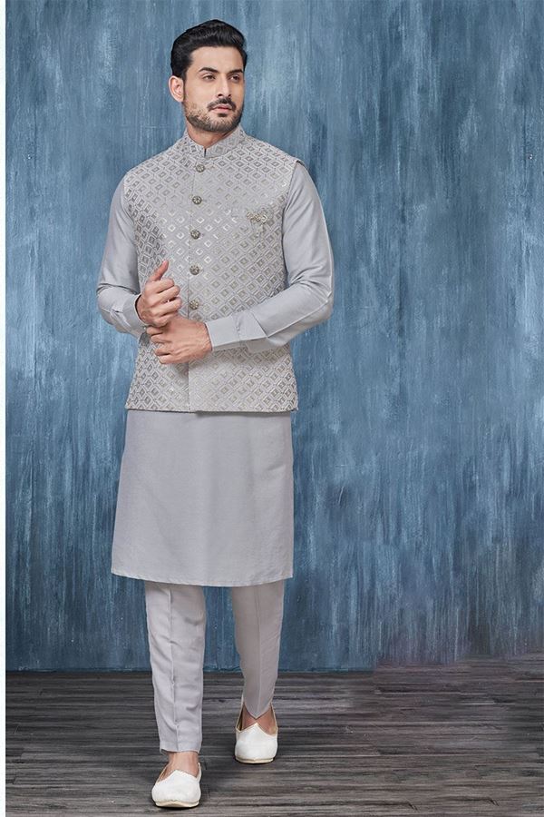 Picture of Classy Light Grey Colored Designer Readymade Men’s Wear Kurta and Jacket Set for Wedding, Engagement, or Festive