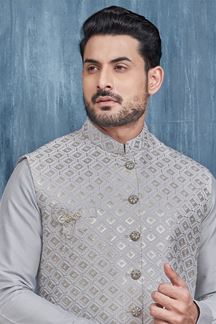 Picture of Classy Light Grey Colored Designer Readymade Men’s Wear Kurta and Jacket Set for Wedding, Engagement, or Festive