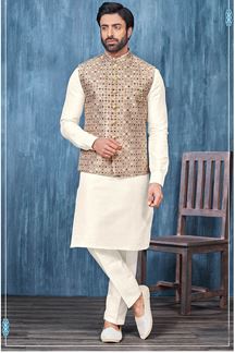 Picture of Delightful Cream and Biscuit Colored Designer Readymade Men’s Wear Kurta and Jacket Set for Wedding, Engagement, or Festive