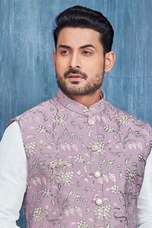 Picture of Enticing White and Lavender Colored Designer Readymade Men’s Wear Kurta and Jacket Set for Wedding, Engagement, or Festive