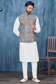Picture of Aesthetic White and Grey Colored Designer Readymade Men’s Wear Kurta and Jacket Set for Wedding, Engagement, or Festive