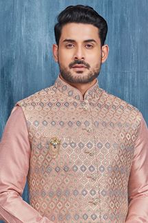 Picture of Majestic Pink and Multi Colored Designer Readymade Men’s Wear Kurta and Jacket Set for Wedding, Engagement, or Festive